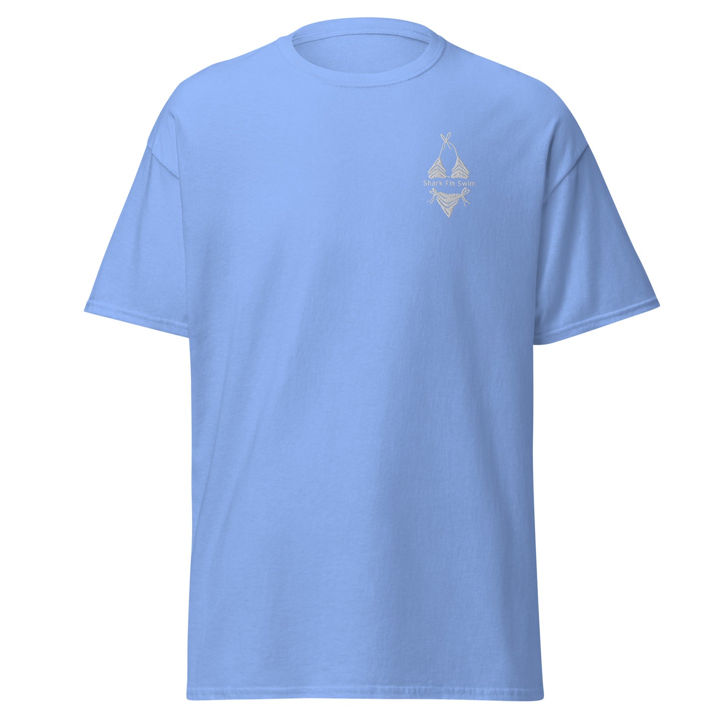 Shark fin swim embroidered blue t shirt with white logo 