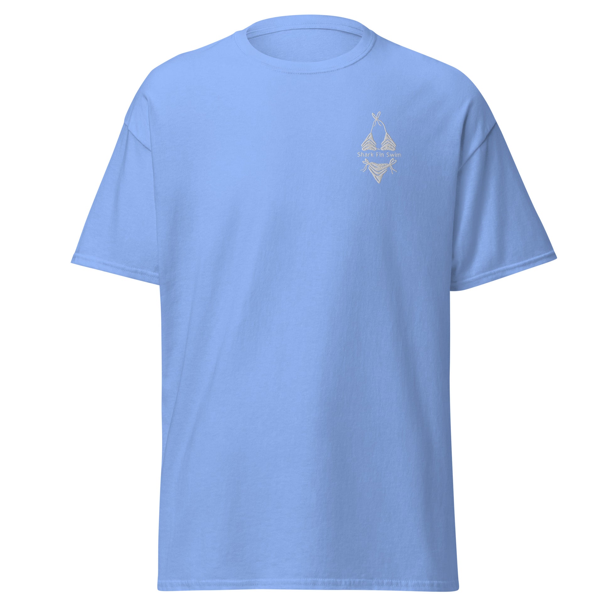 Shark fin swim embroidered blue t shirt with white logo 