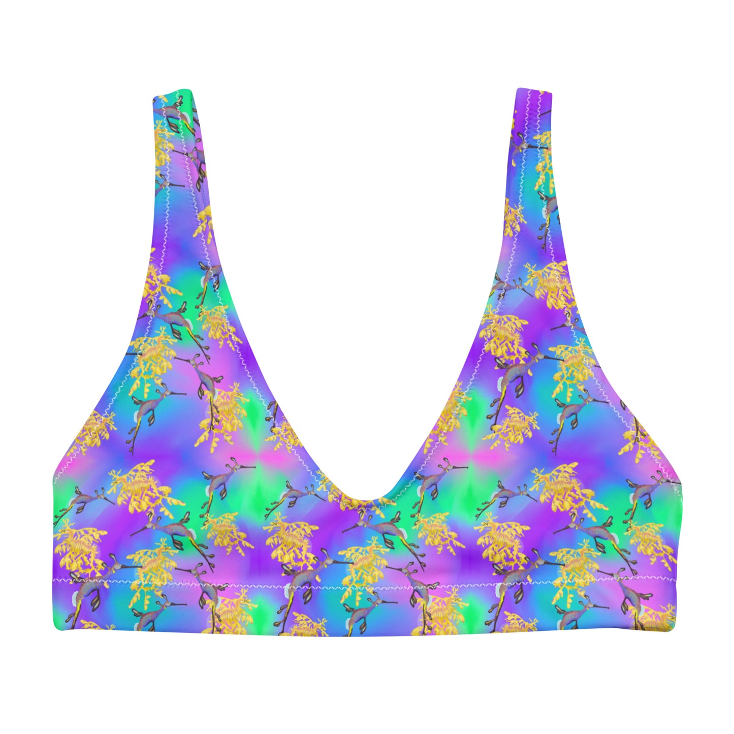 Green and purple bikini top with sea dragons 