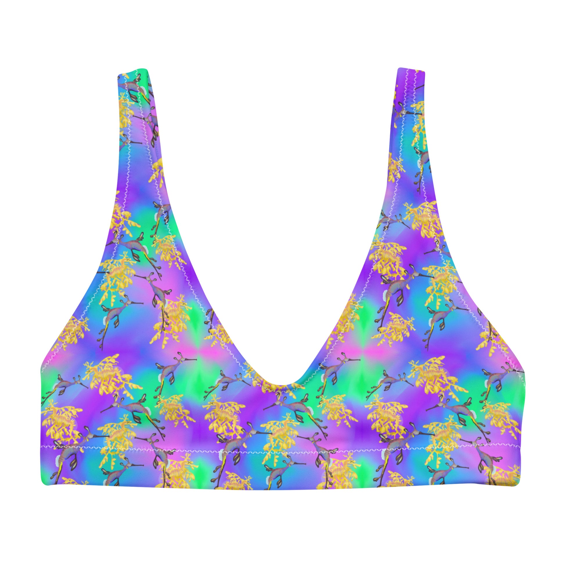 Green and purple bikini top with sea dragons 