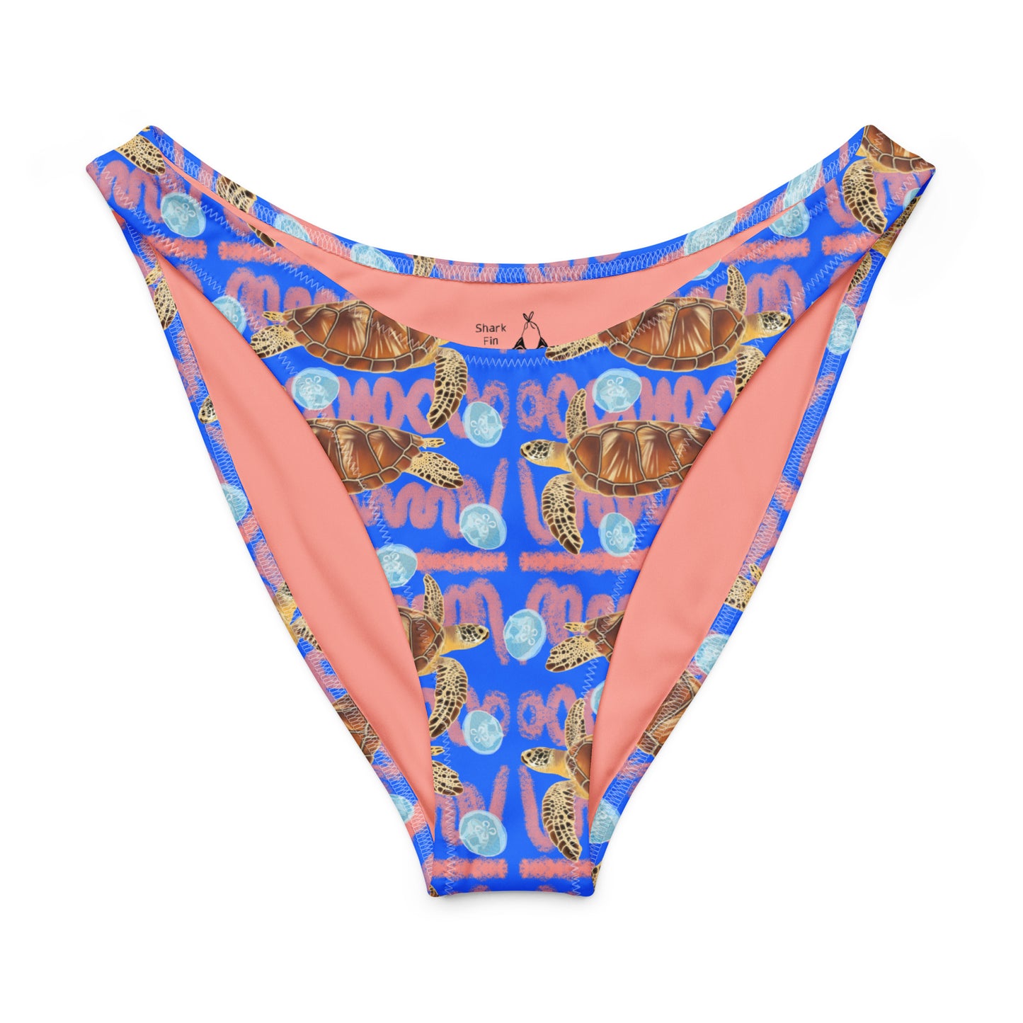 Royal blue and peachy background with sea turtles and moon jellyfish. Eco high cut bikini bottom 