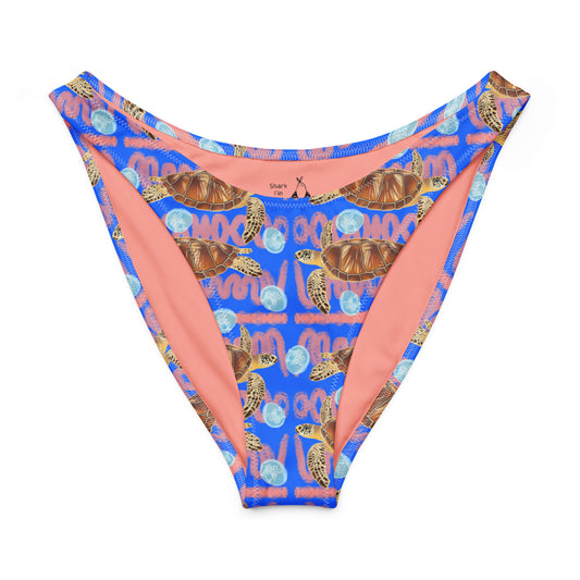 Royal blue and peachy background with sea turtles and moon jellyfish. Eco high cut bikini bottom 