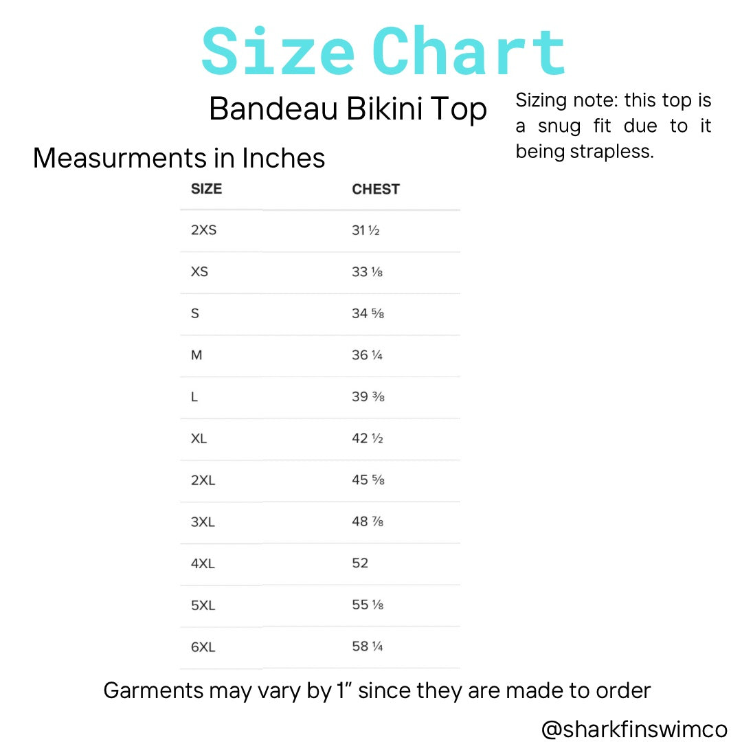 Bandeau bikini top size chart In inches 