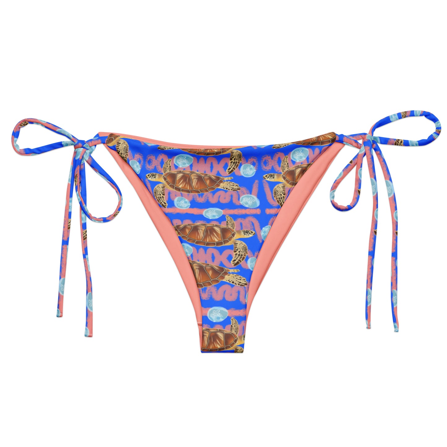 Royal blue and peachy background with sea turtles and moon jellyfish. Eco string bikini bottoms 