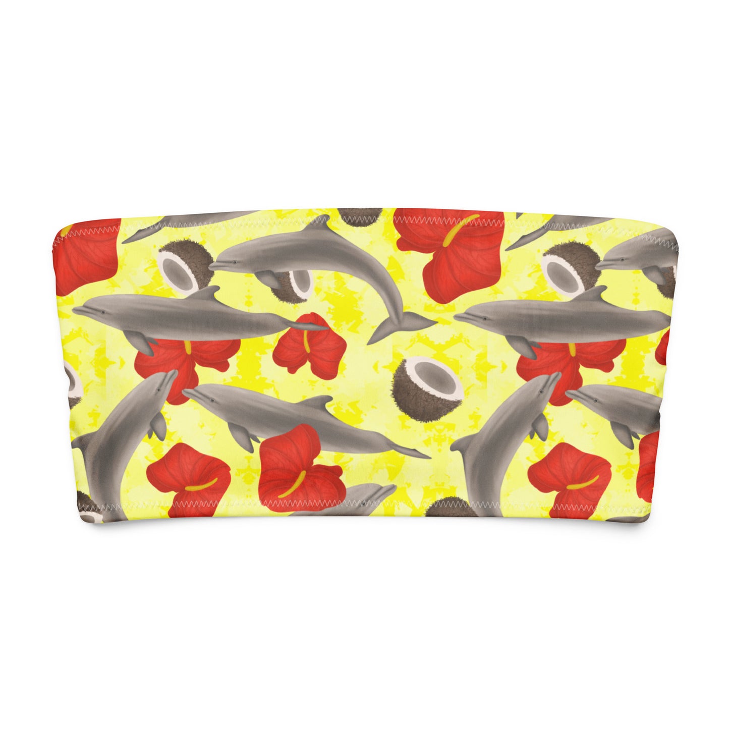 Bandeau bikini top with dolphin and flower pattern on a yellow background