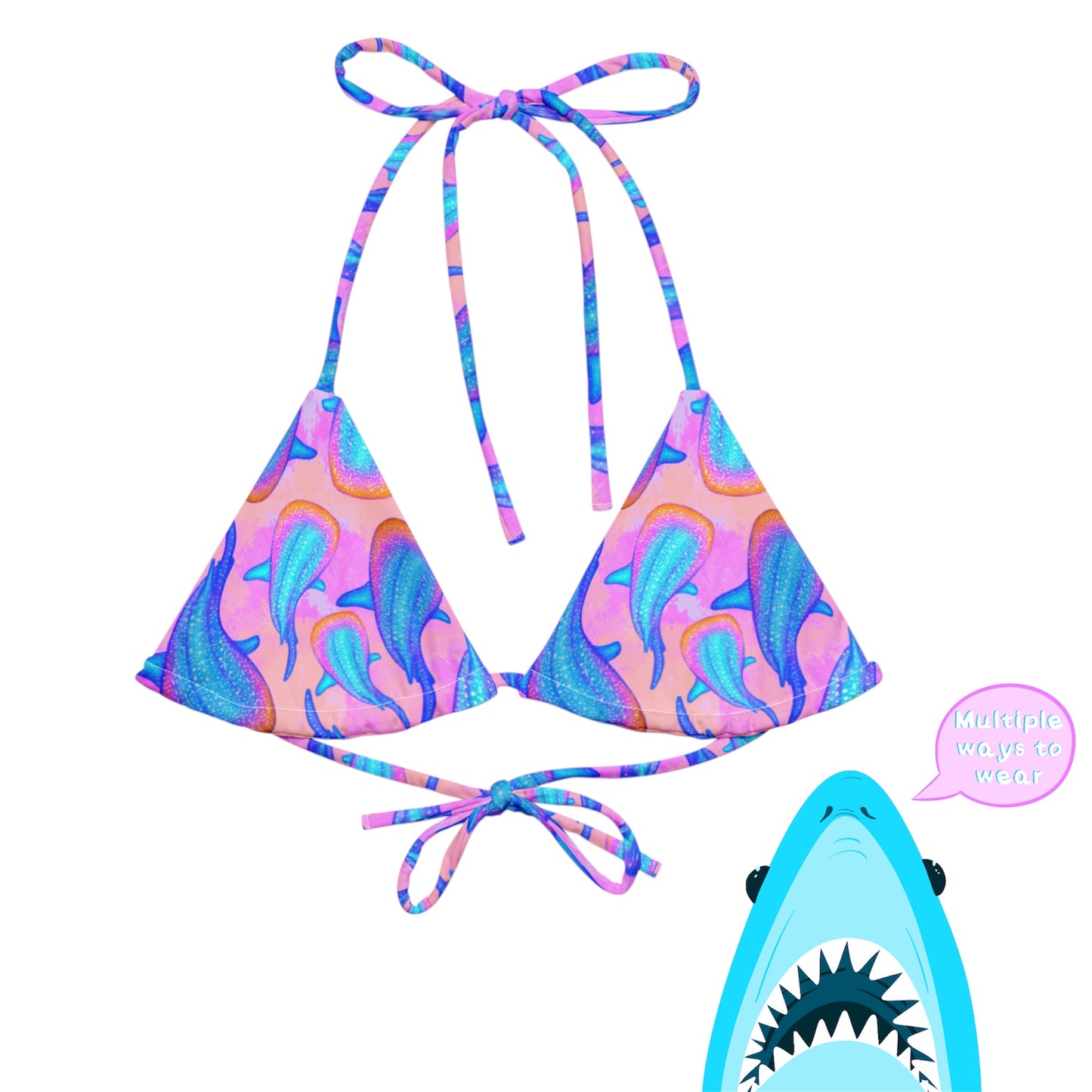 Rainbow whale sharks on a pink and purple tie dye background eco string bikini top