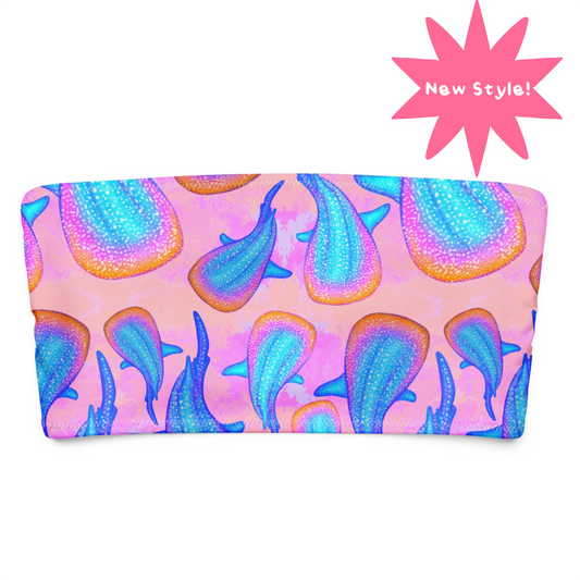 rainbow whale sharks with a pink and purple tie dye background on our recycled bikini tube top 