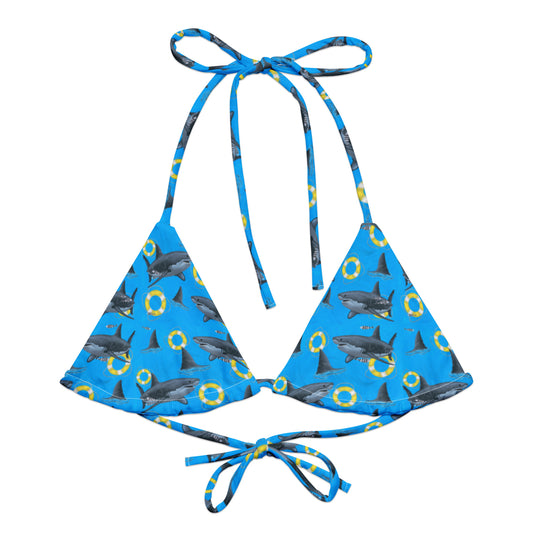 Blue great white shark bikini top with yellow floaties 