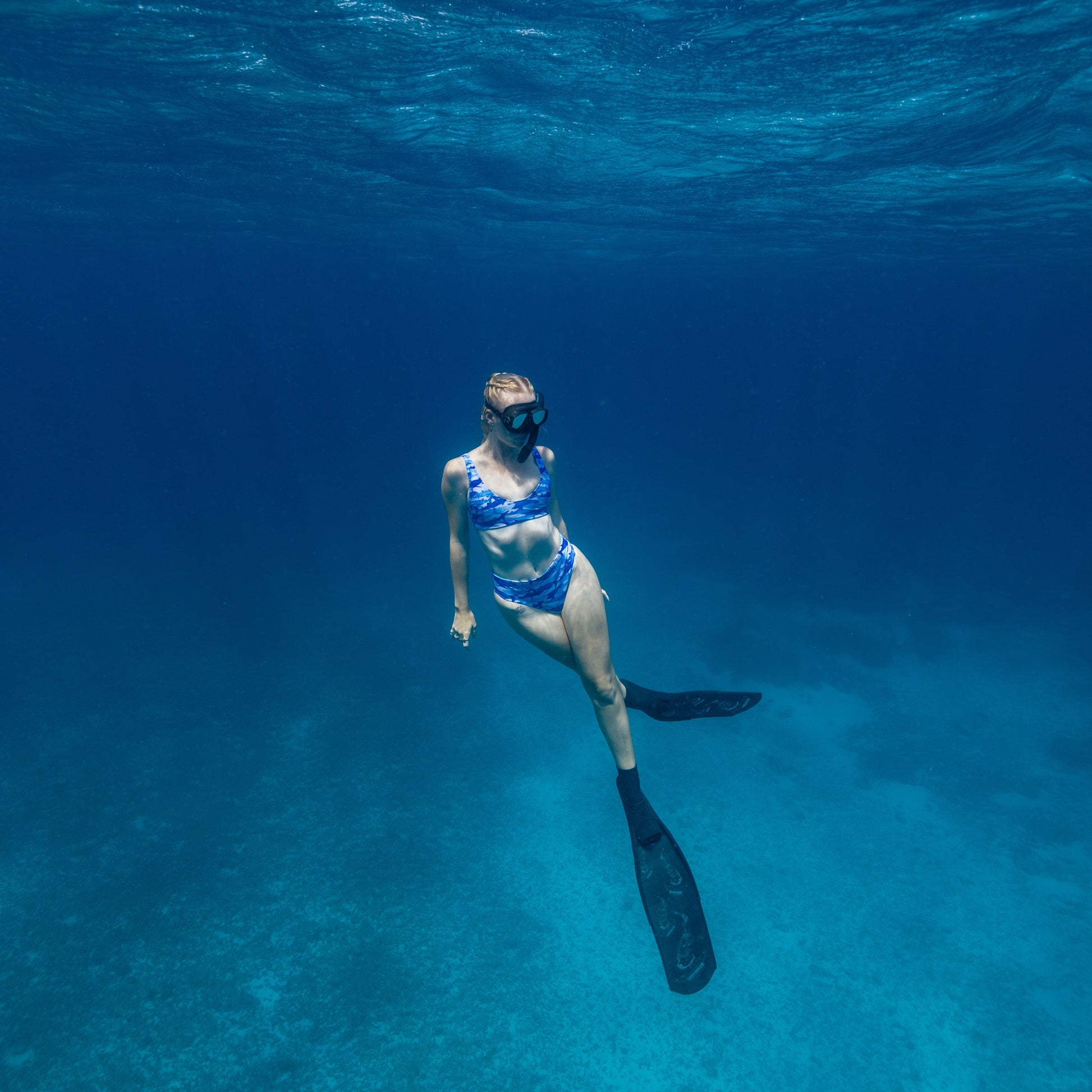 Blue glitter whale sharks background eco high waisted bikini bottom 