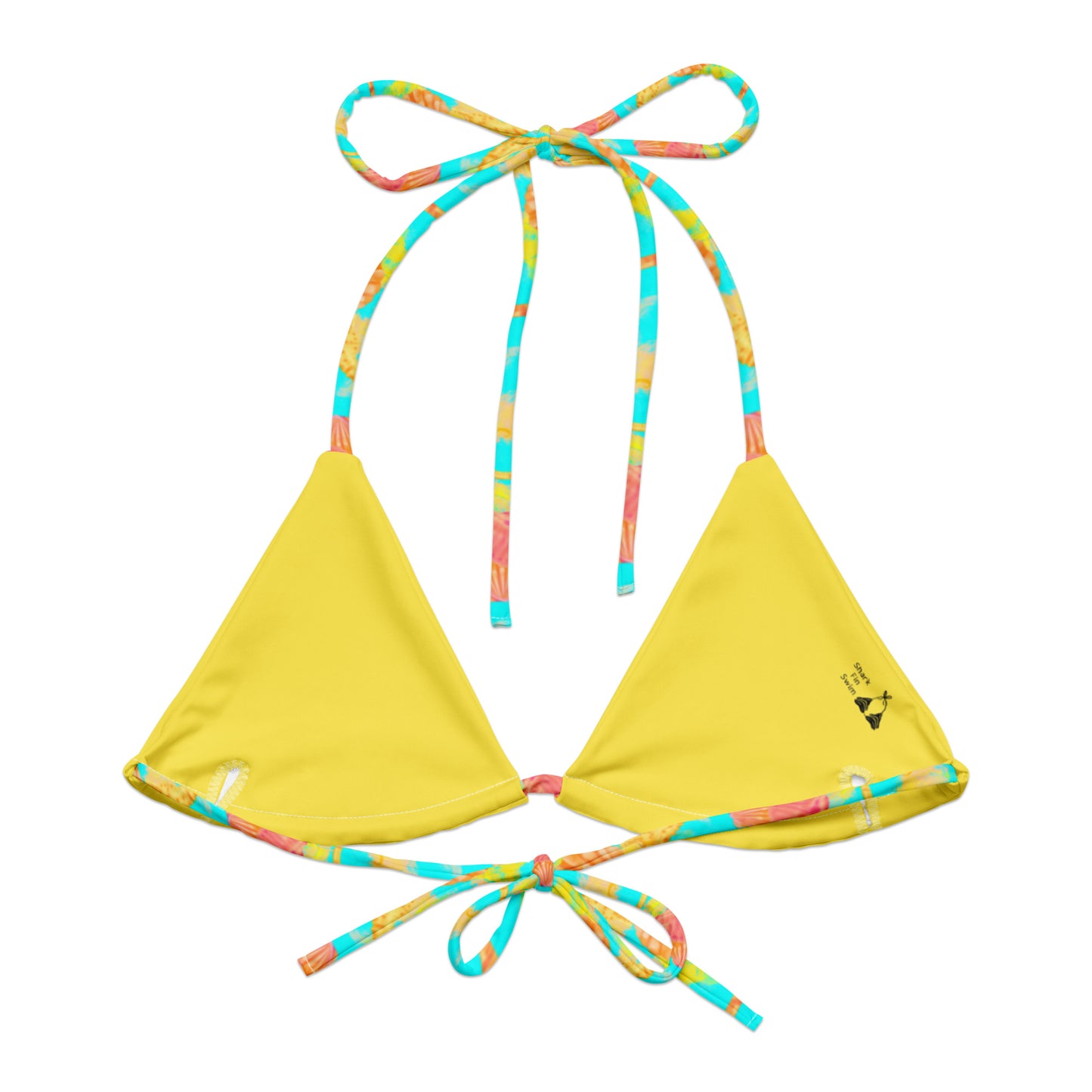 Pink and orange seahorses with sunrise seashells. Light aqua blue and yellow background with a neon yellow band. Eco string bikini top