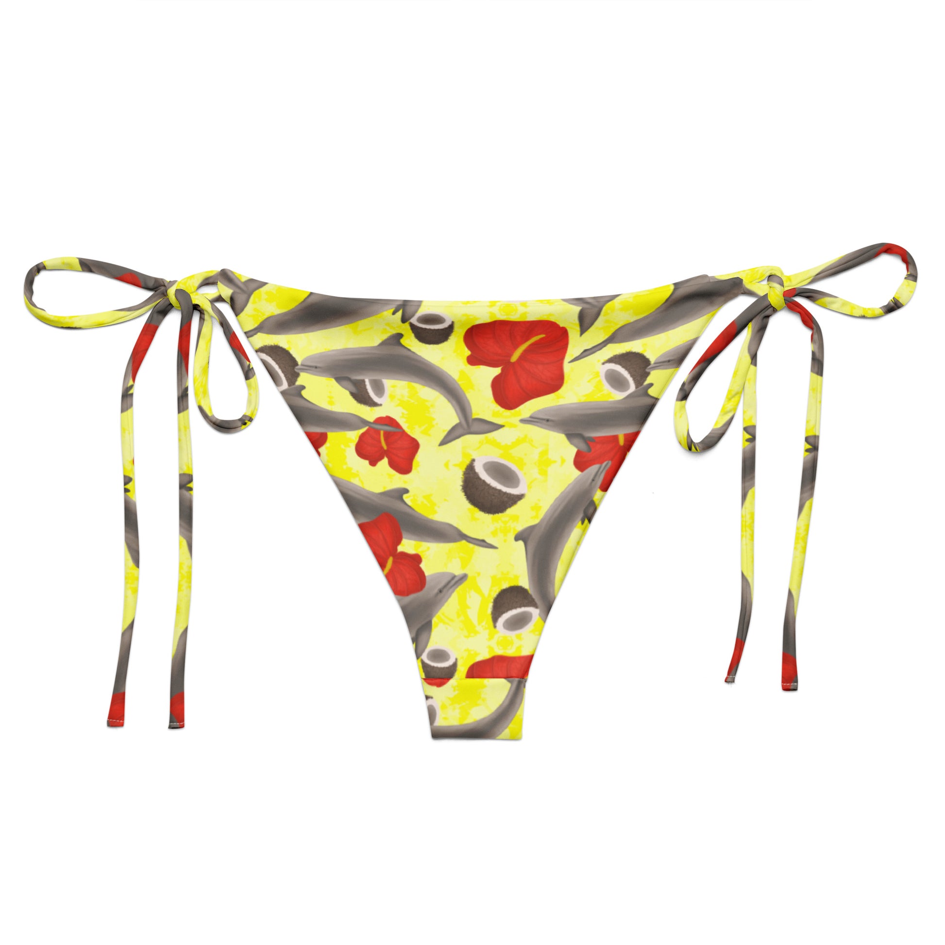 Yellow string bikini bottom with dolphins and red flowers 