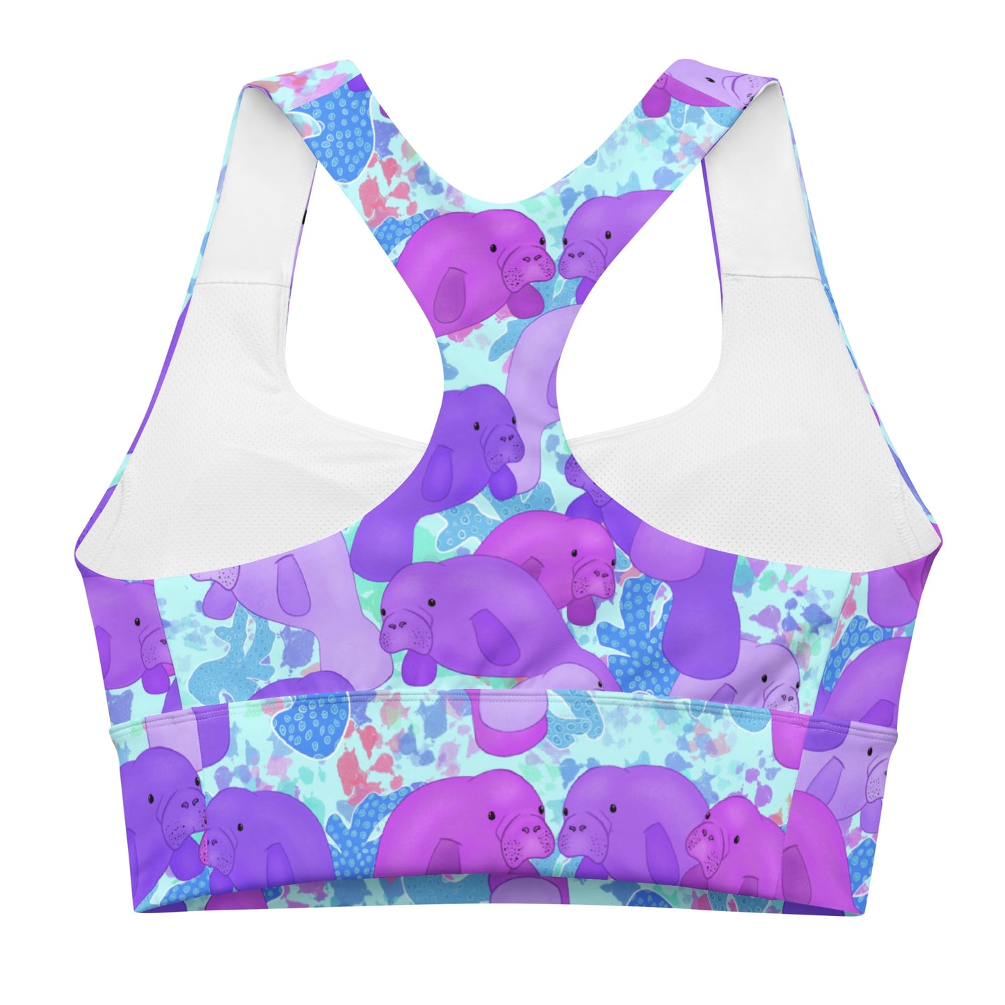 Blue sports bra with purple manatees 
