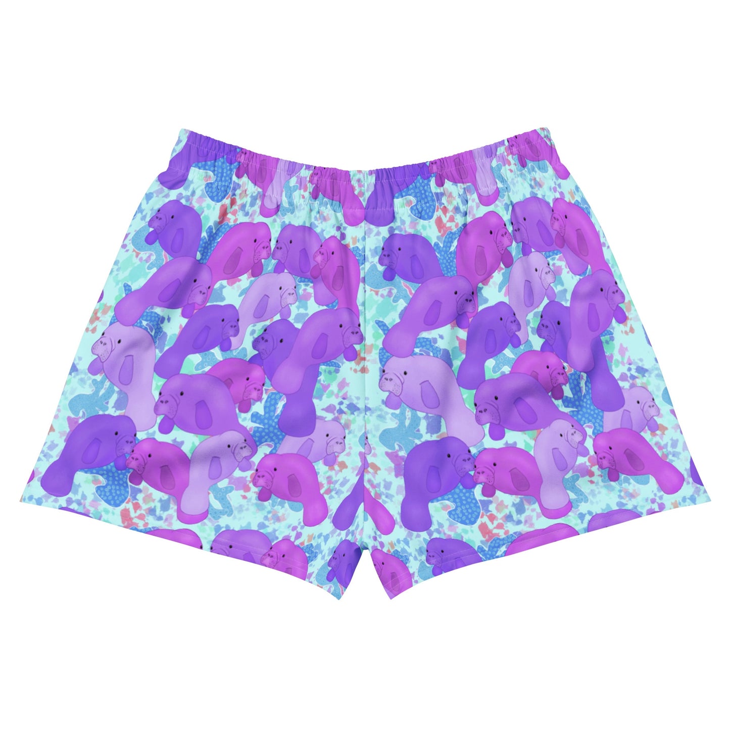 Purple manatees with blue color pops on swim shorts 
