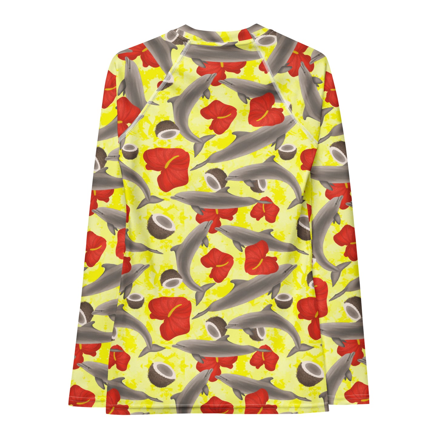 Yellow long sleeve rashguard with dolphins and red flowers
