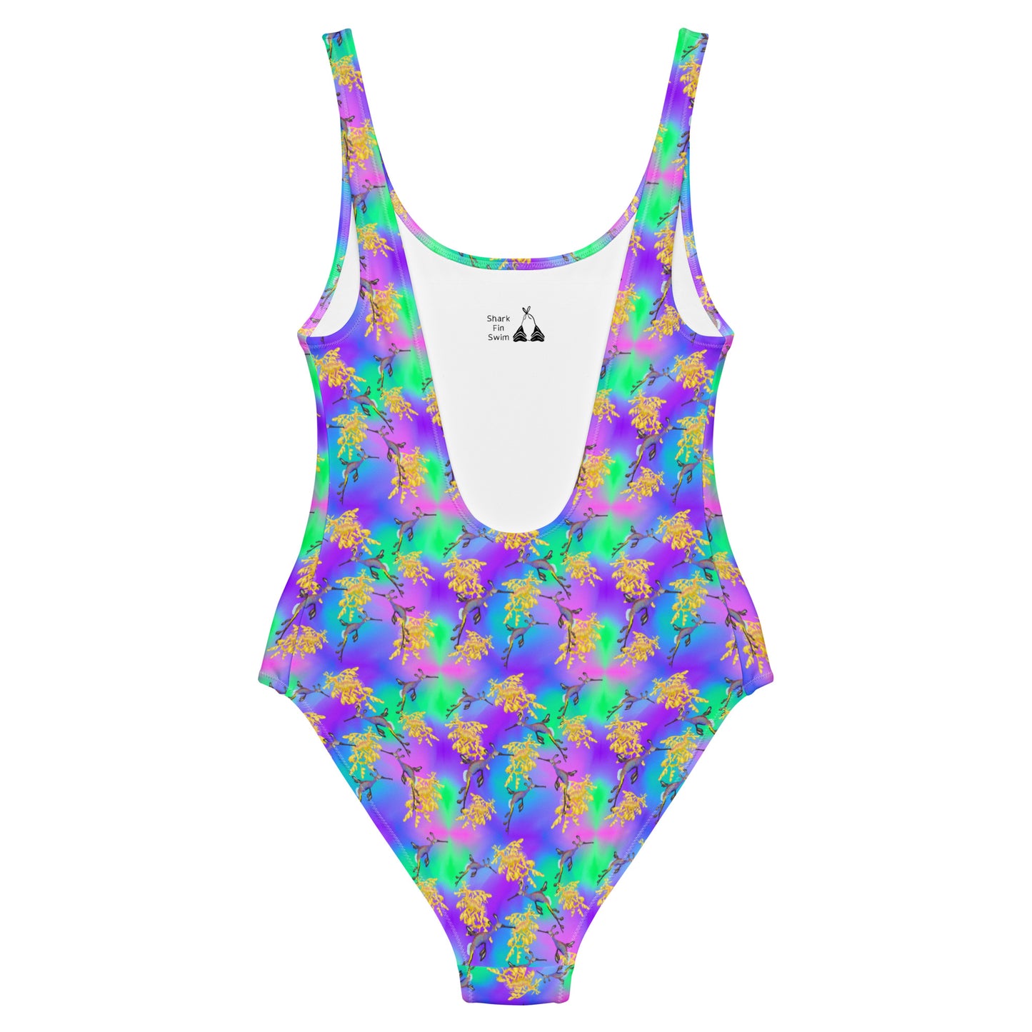 Green and purple one piece swimsuit with sea dragons 