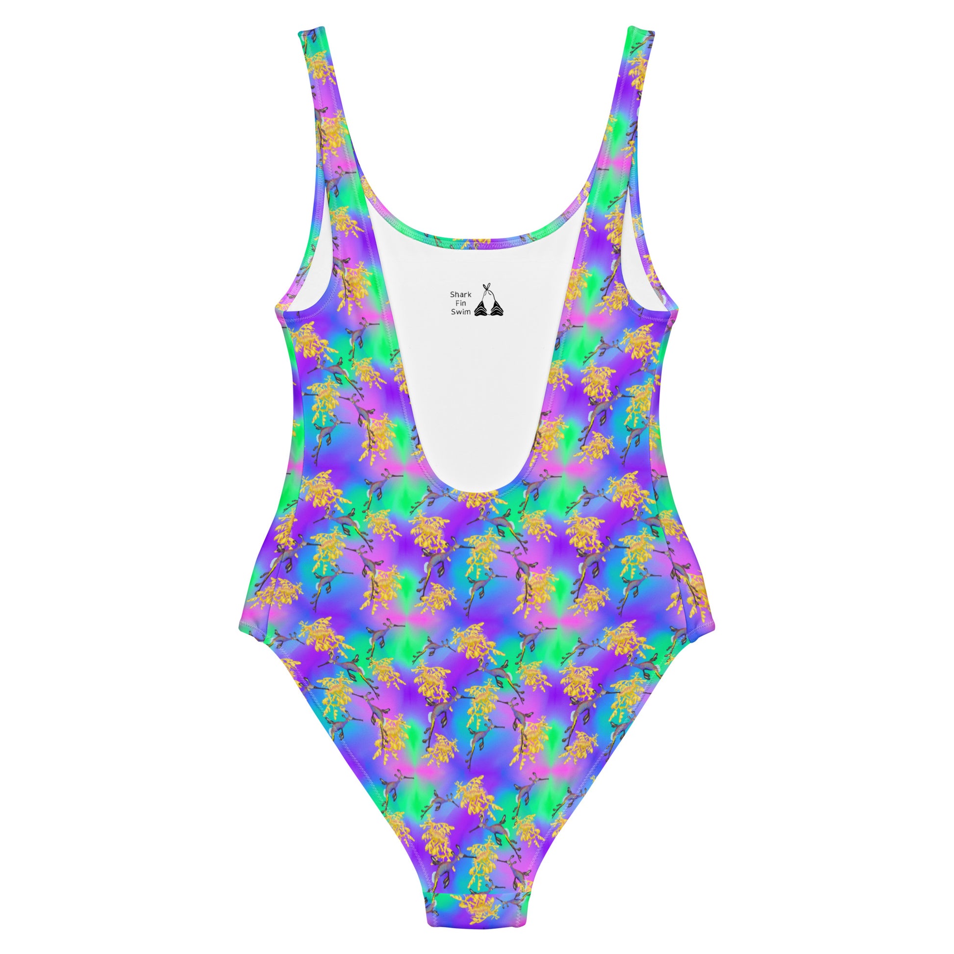 Green and purple one piece swimsuit with sea dragons 