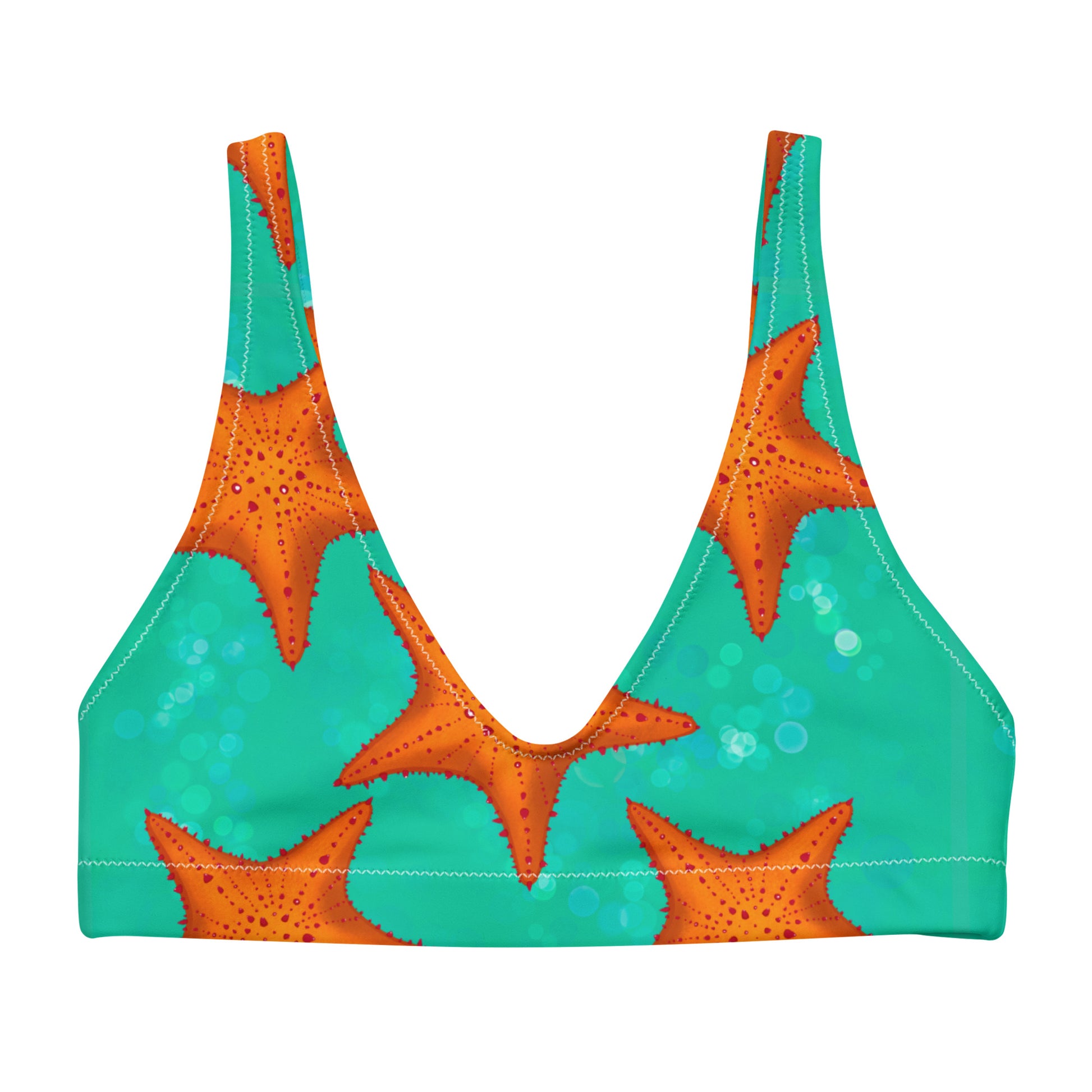 Green and orange bikini top with starfish pattern on a white background