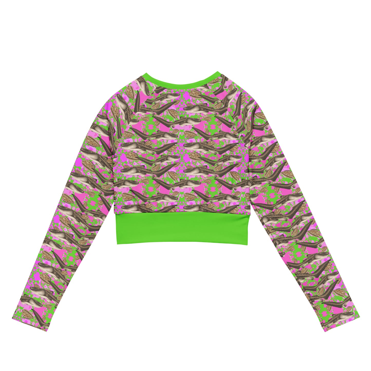 Pink and green cropped rashguard with zebra sharks and cowrie seashells 