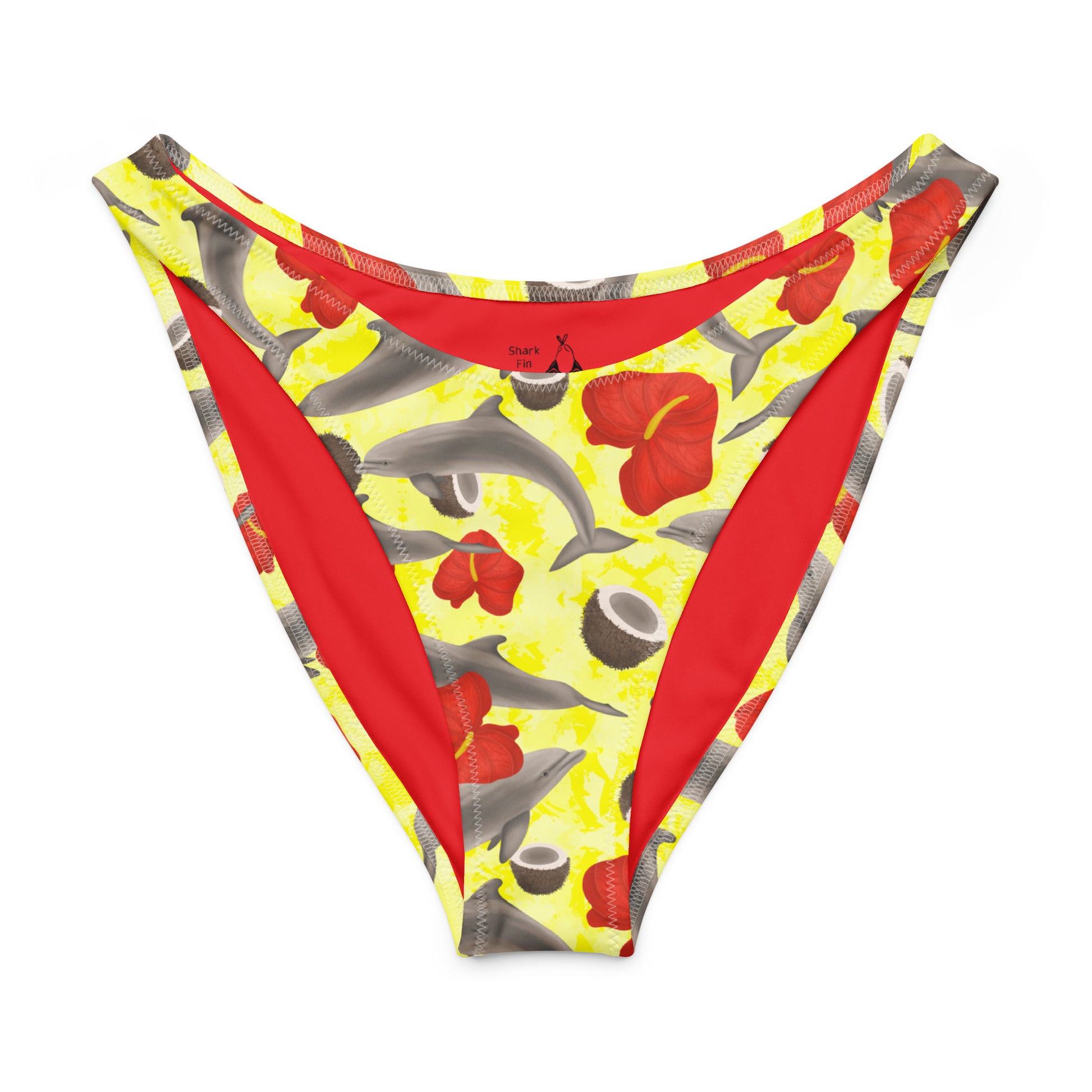 Bikini bottom with dolphin and flower pattern on a yellow background