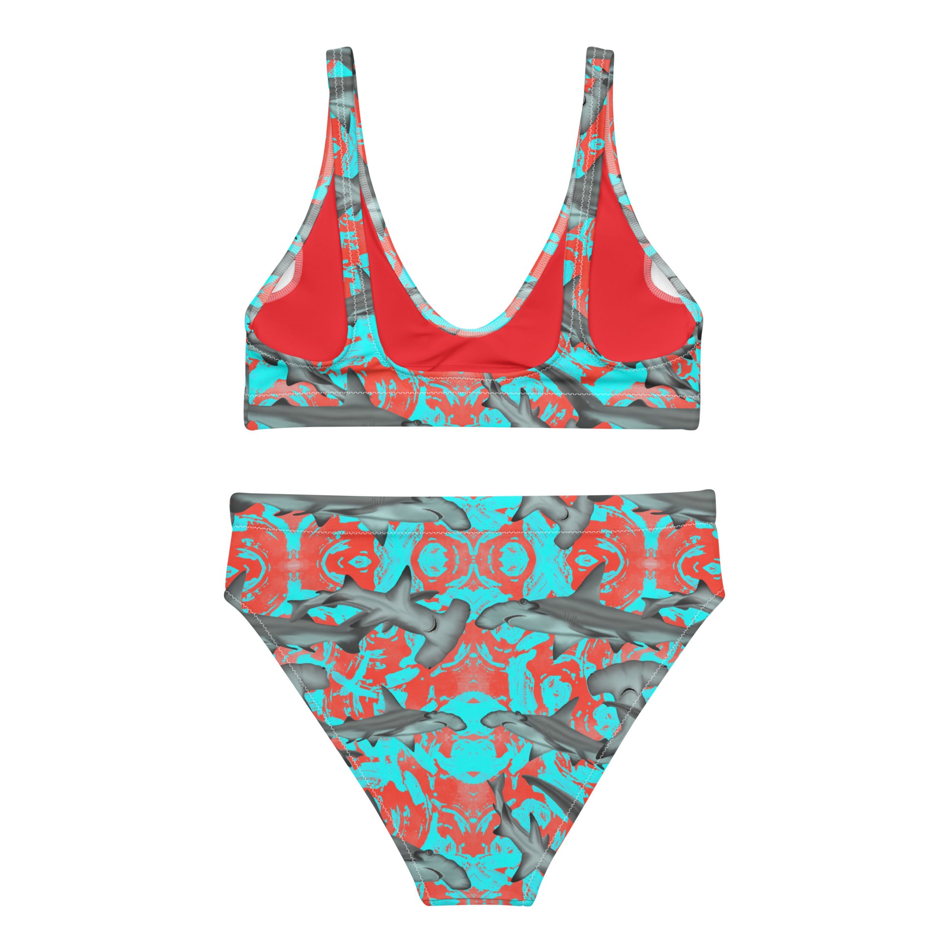 Fin & Fierce Hammerhead sustainable high waisted bikini blue and red background 