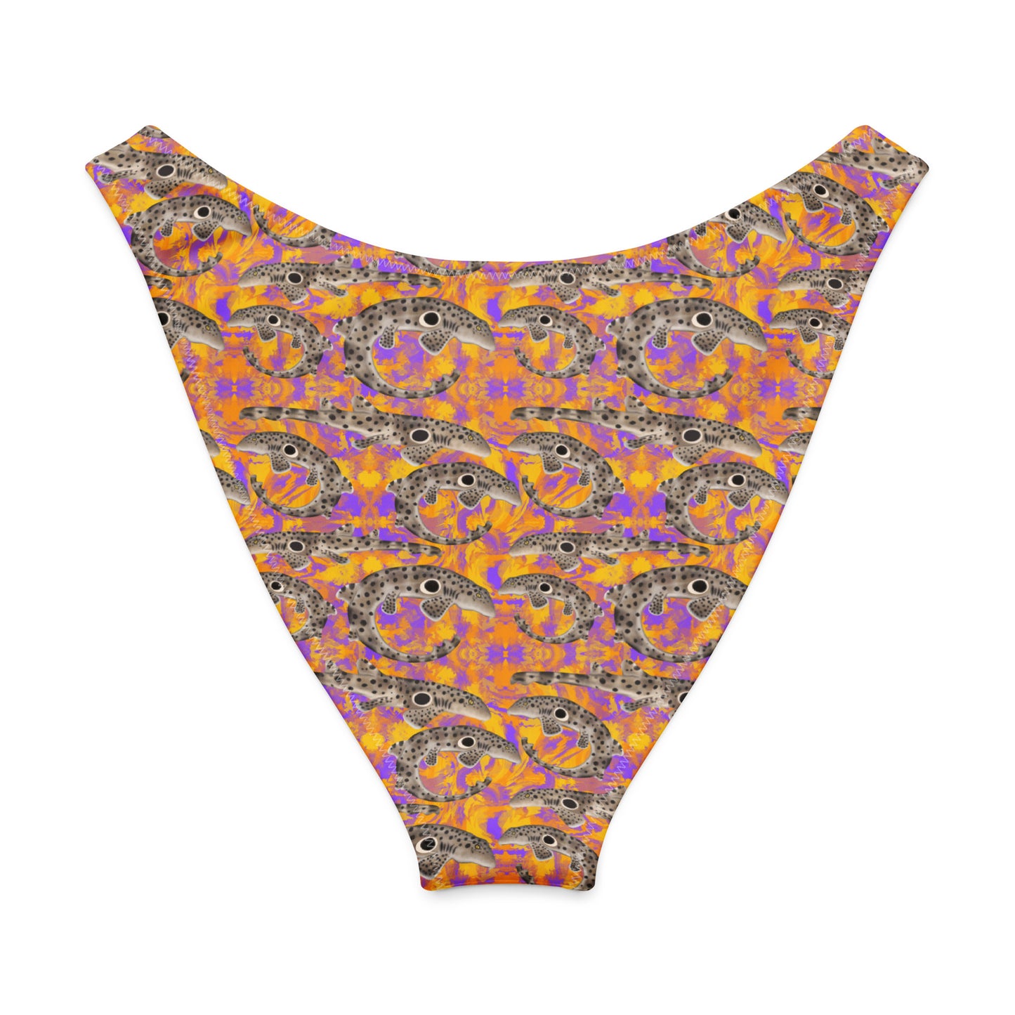 Epaulette Shark eco high cut bikini bottom with orange and purple background