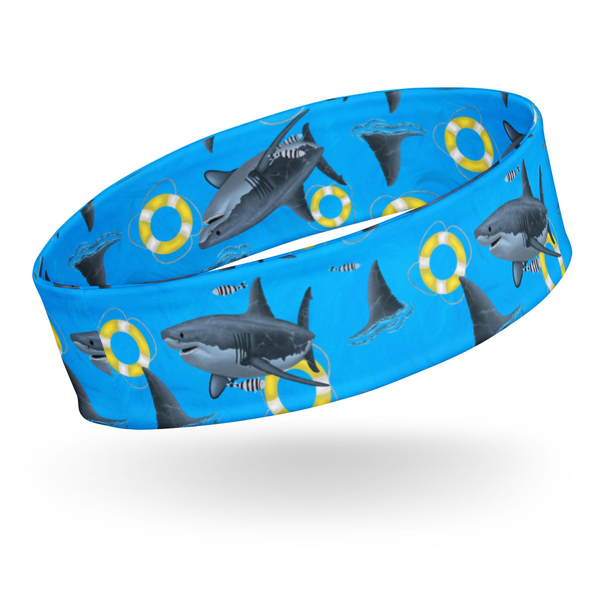 Blue great white shark dive headband with yellow floaties 