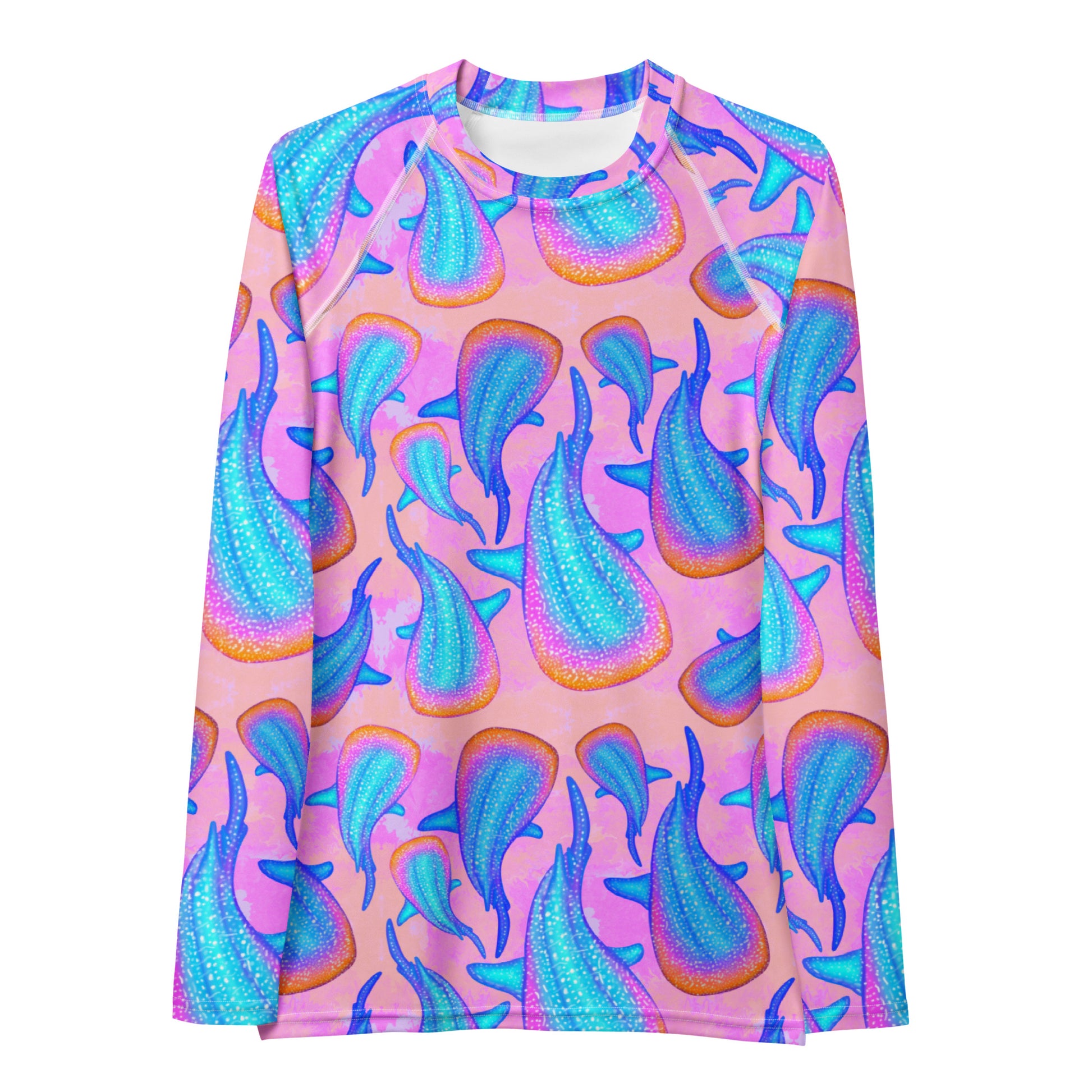Pink long sleeve rashguard with rainbow whale sharks 