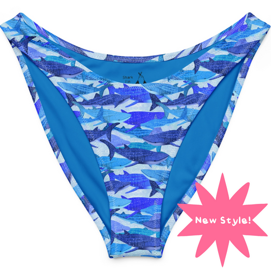 Blue glittery whale sharks on our high cut recycled bikini bottoms 