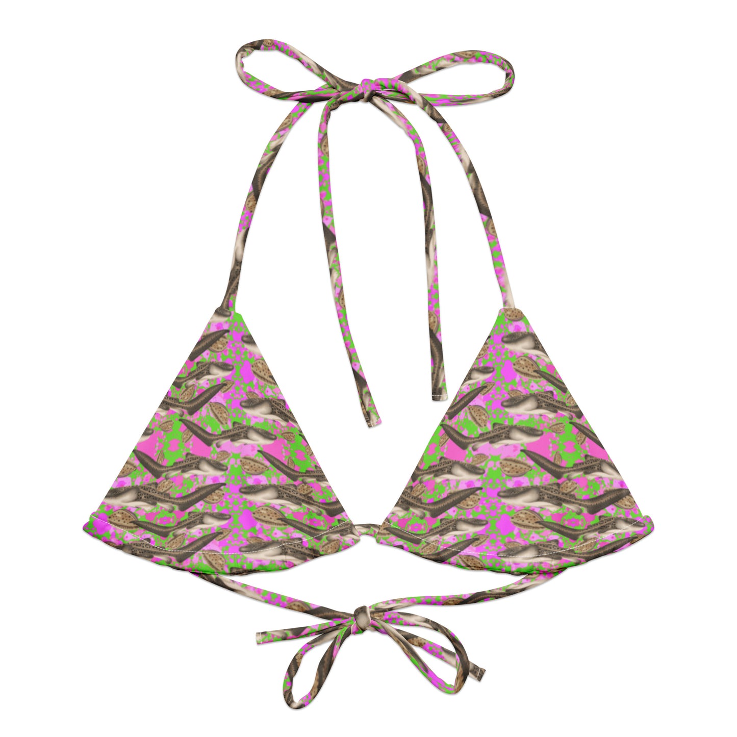 Green and pink string bikini top with zebra sharks and cowrie seashells