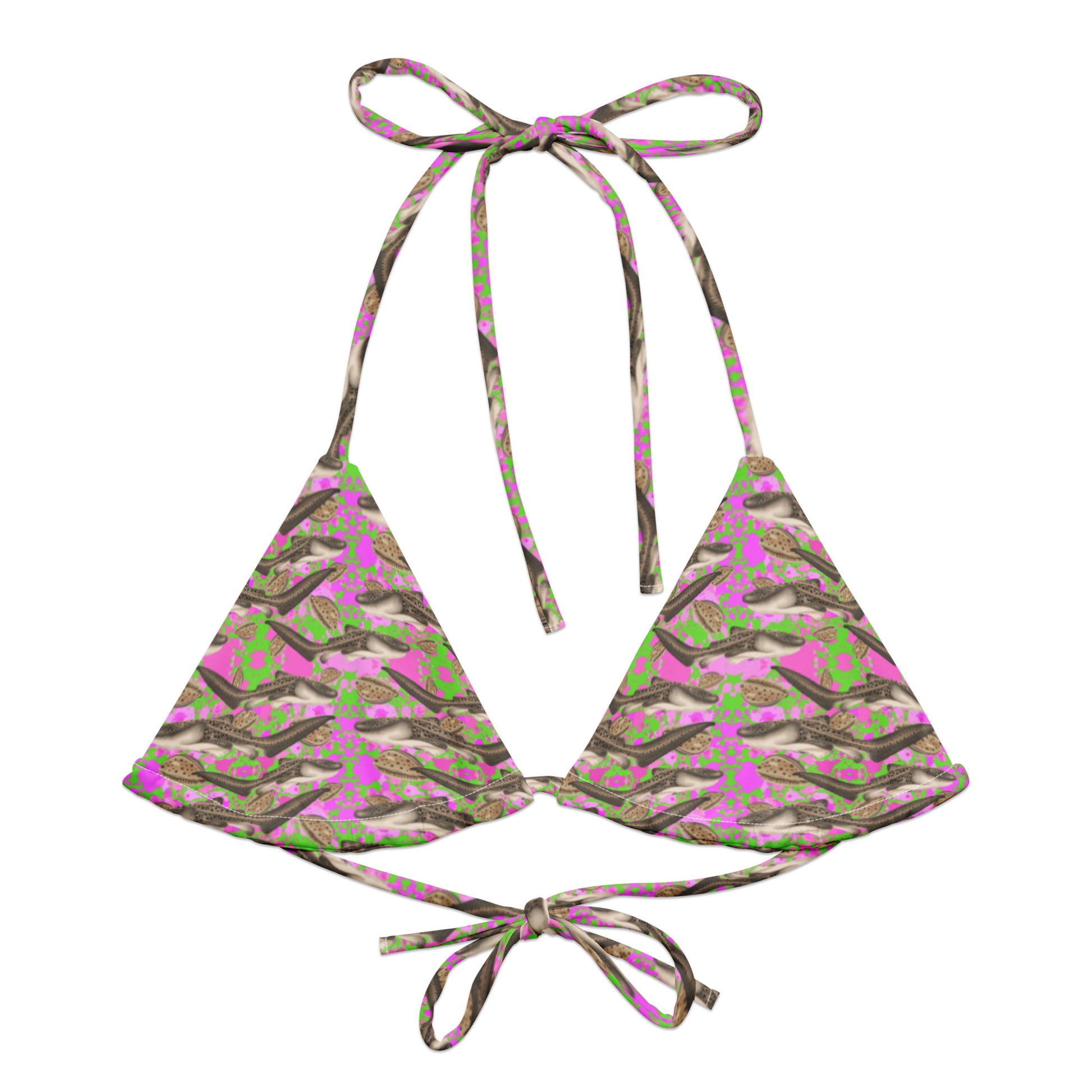 Green and pink string bikini top with zebra sharks and cowrie seashells