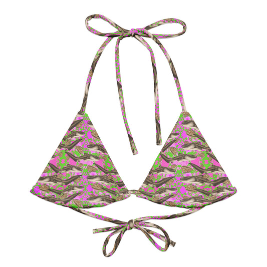 Green and pink string bikini top with zebra sharks and cowrie seashells