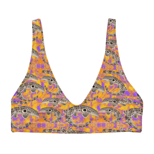 Epaulette Shark eco sporty bikini top with orange and purple background