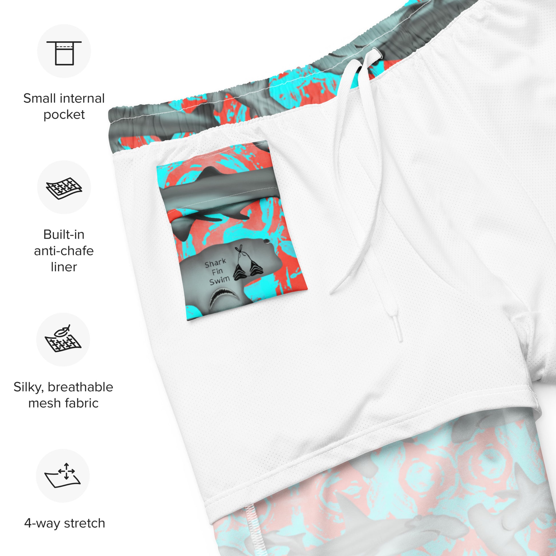Fin & Fierce Hammerhead sustainable swim trunks blue and red background 