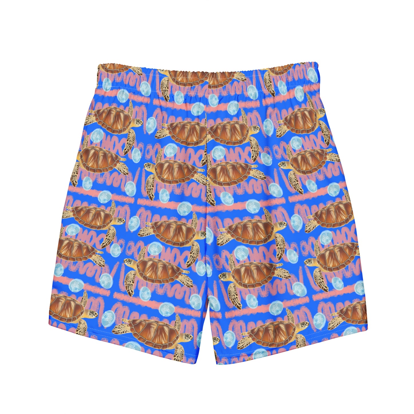 Royal blue and peachy background with sea turtles and moon jellyfish. Eco swim trunks 