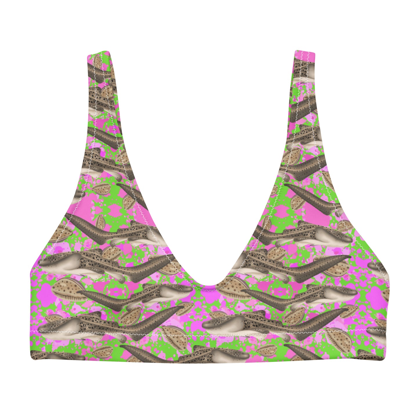 Green and pink bikini top with zebra sharks and cowrie seashells