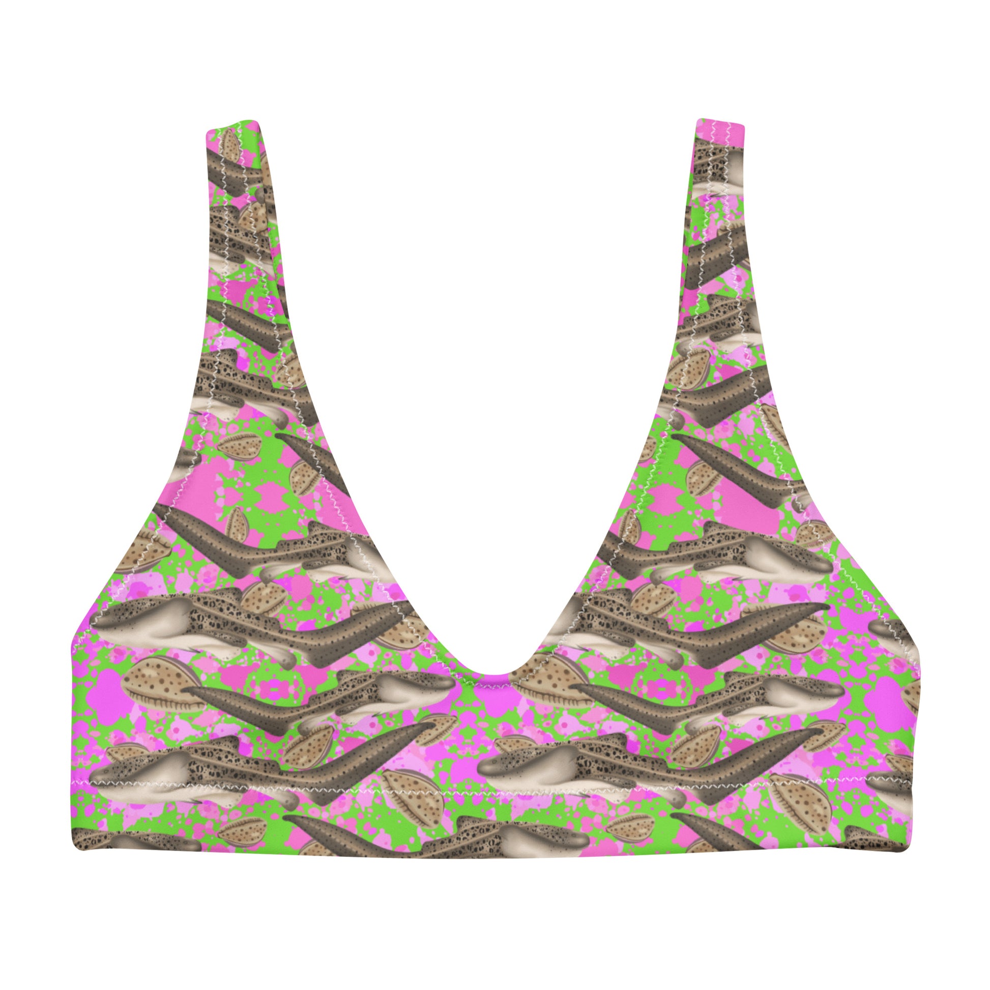 Green and pink bikini top with zebra sharks and cowrie seashells