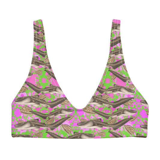 Green and pink bikini top with zebra sharks and cowrie seashells