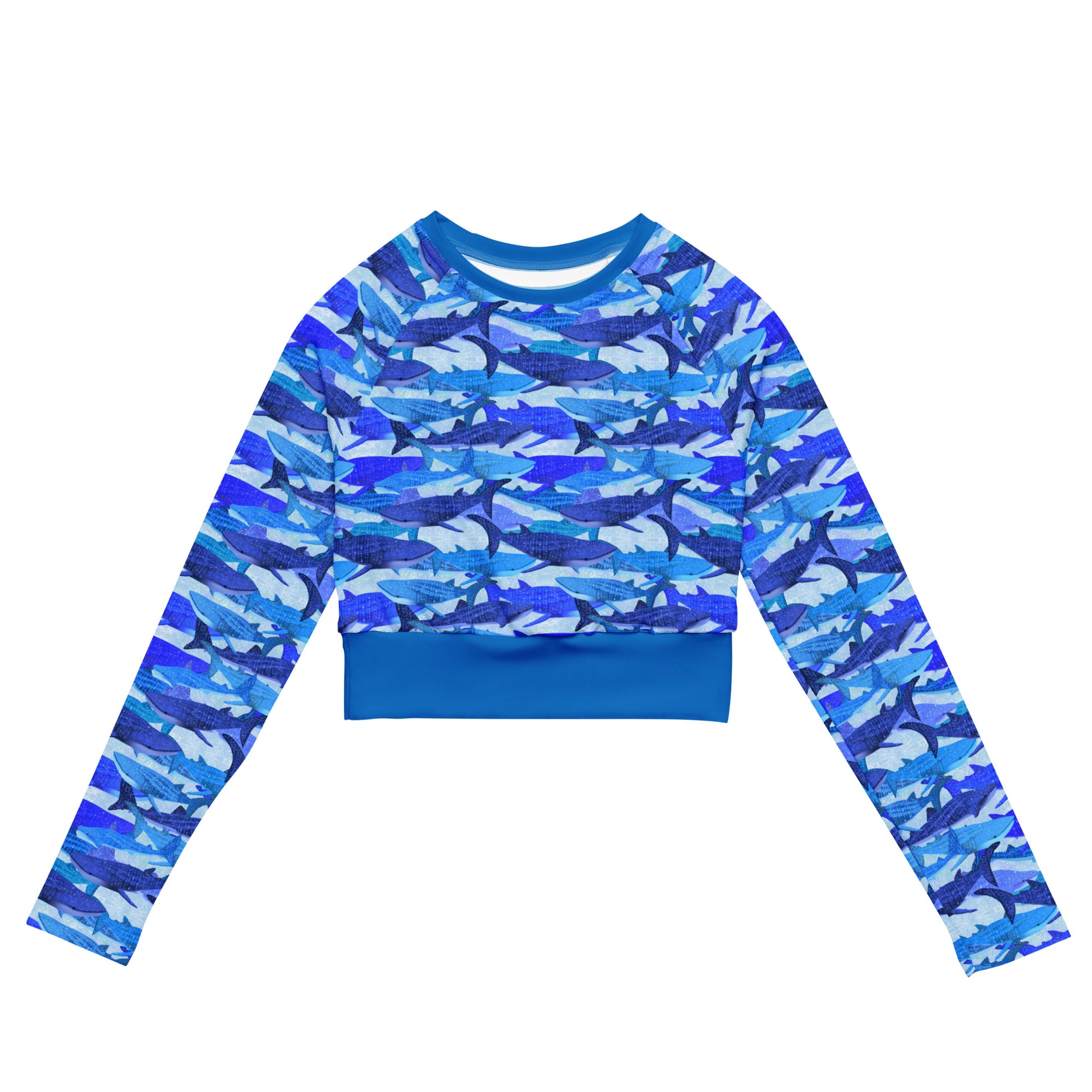 Blue glitter whale sharks eco long sleeved cropped rashguard 