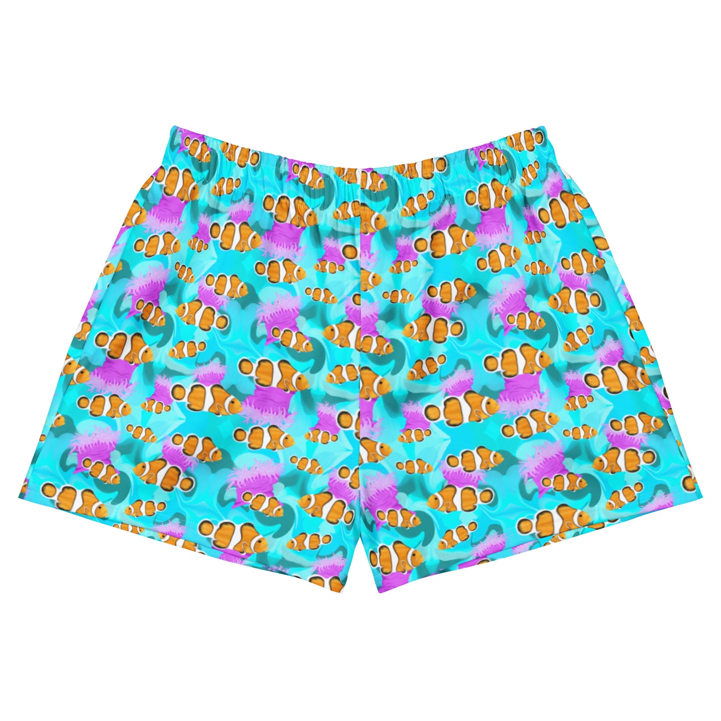 Colorful clownfish patterned shorts on a white background