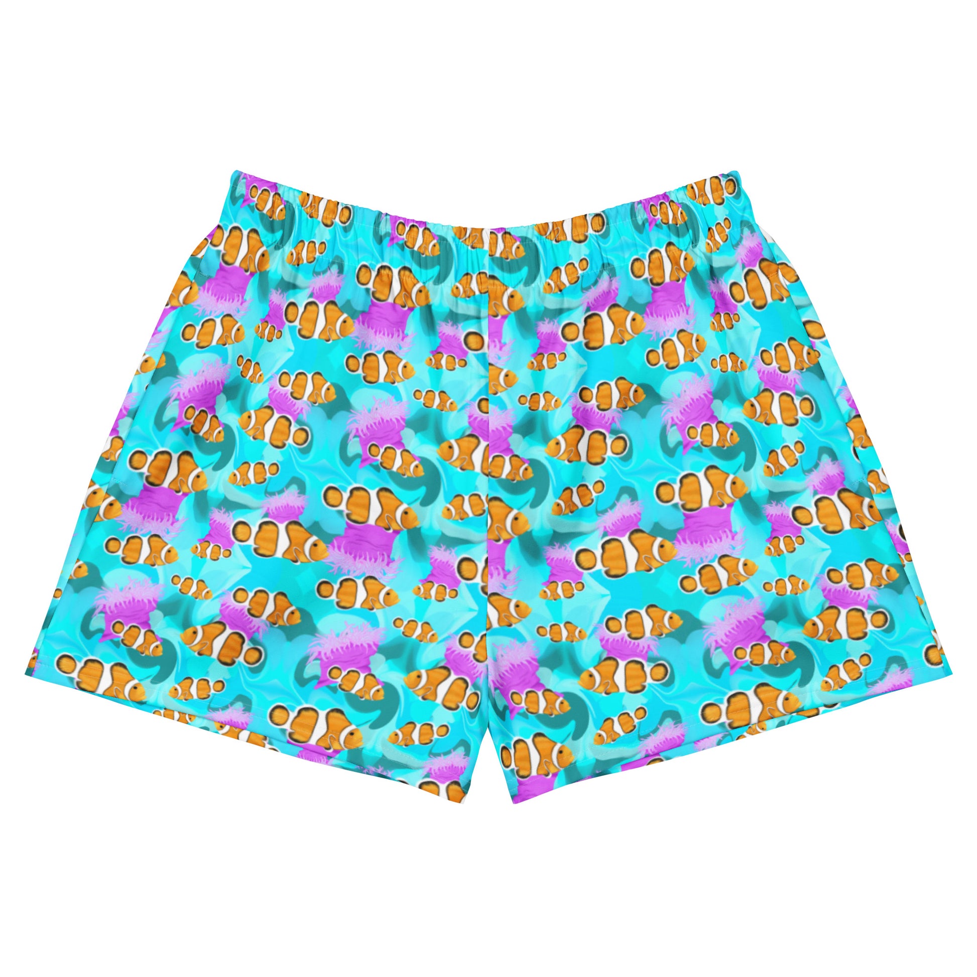 Colorful clownfish patterned shorts on a white background