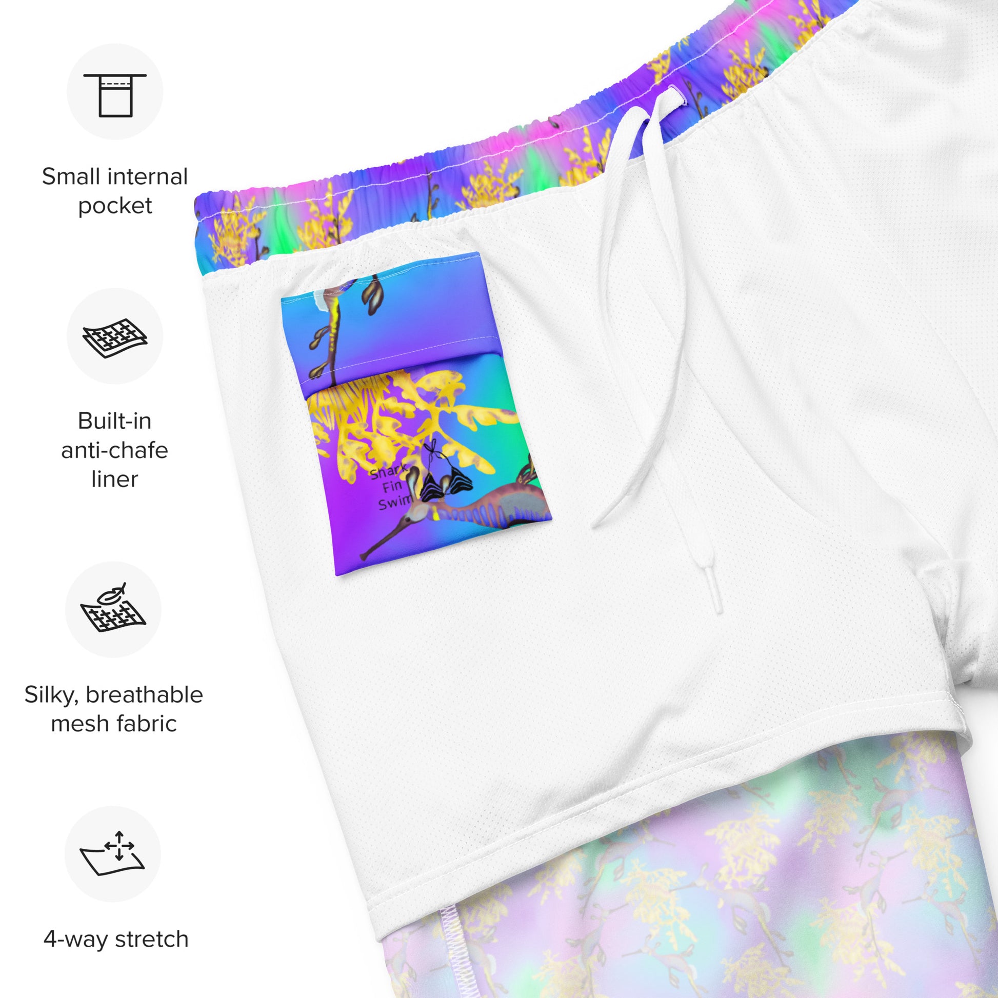 Colorful athletic shorts with a built-in pocket and anti-chafe liner, displayed with text highlighting features.