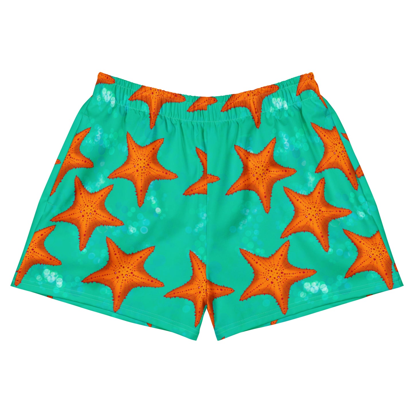 Orange starfish on a greenish teal background swim shorts