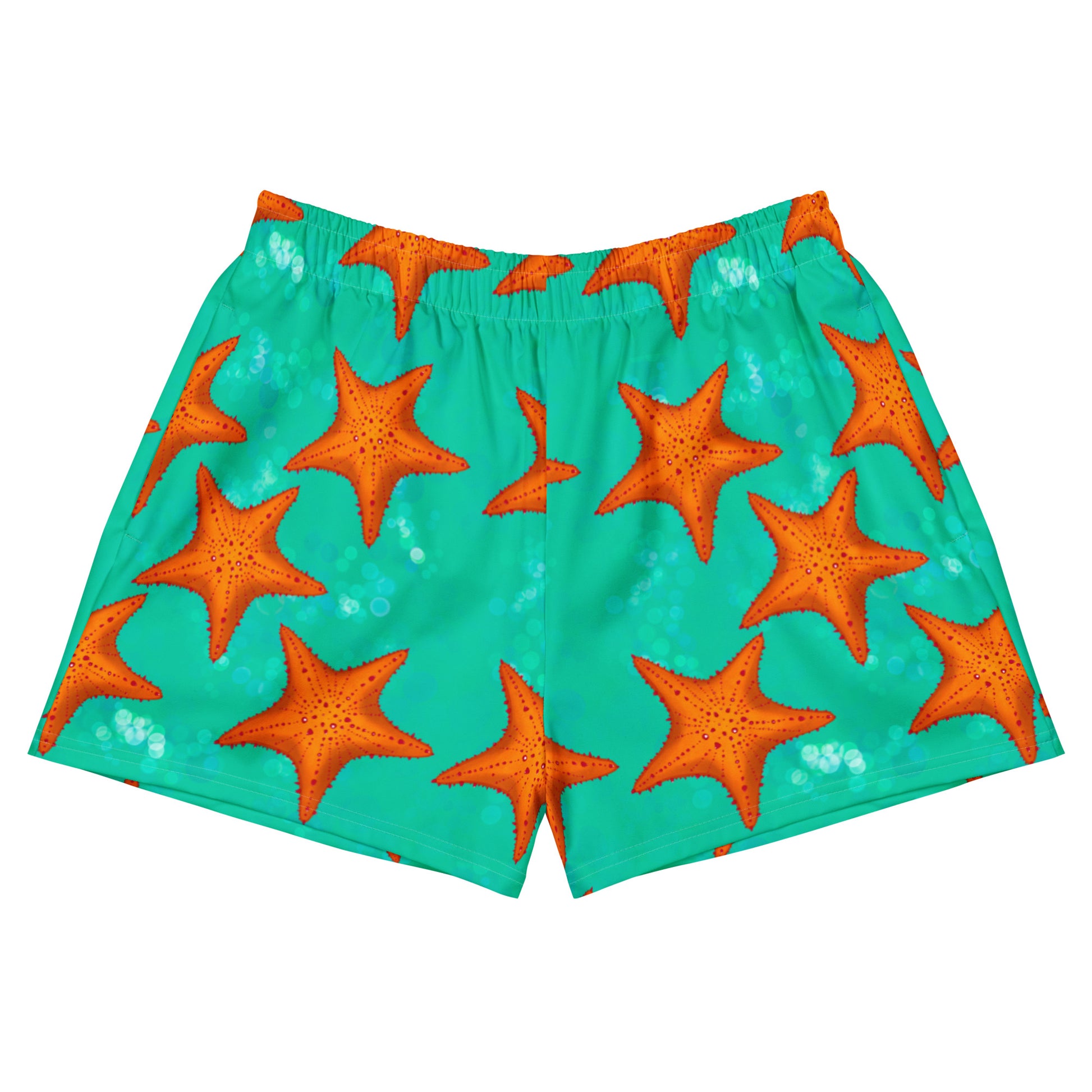 Orange starfish on a greenish teal background swim shorts