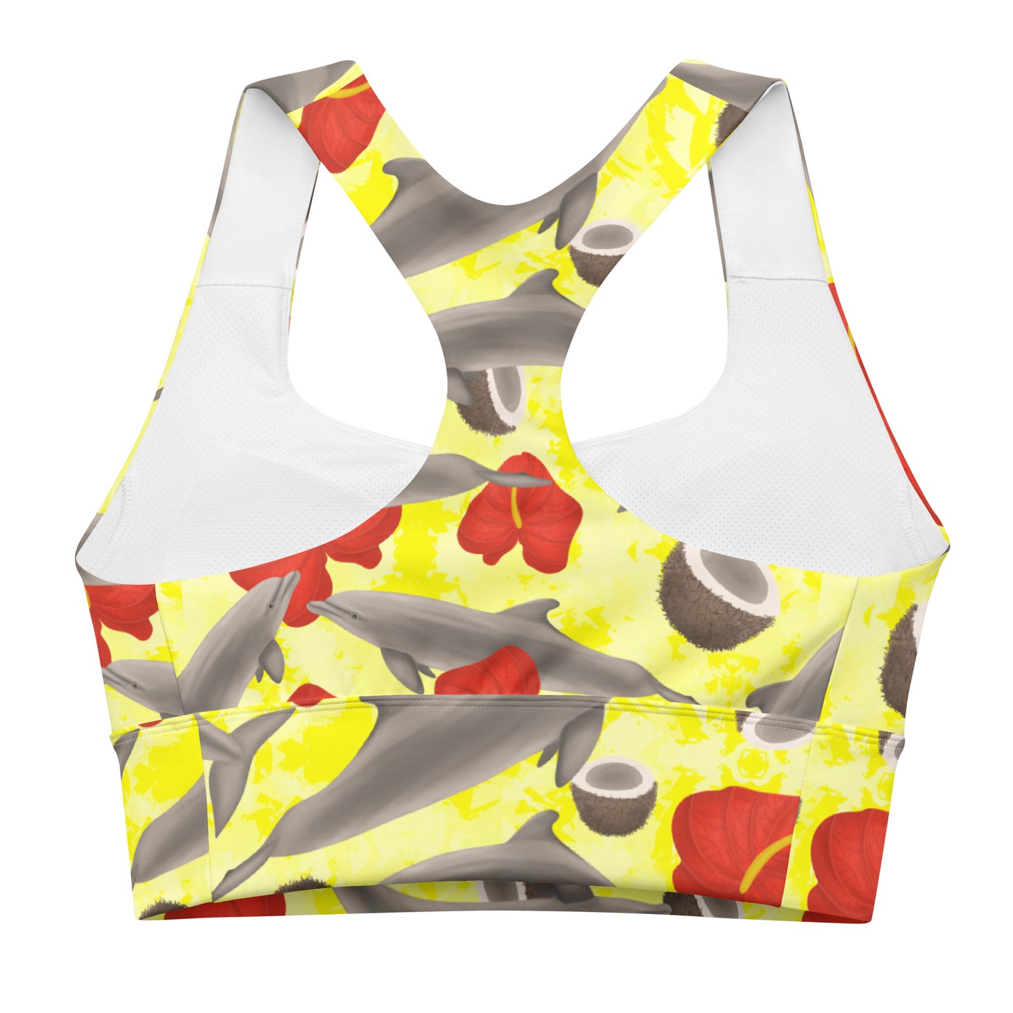 Yellow sports bra with dolphins and red flowers