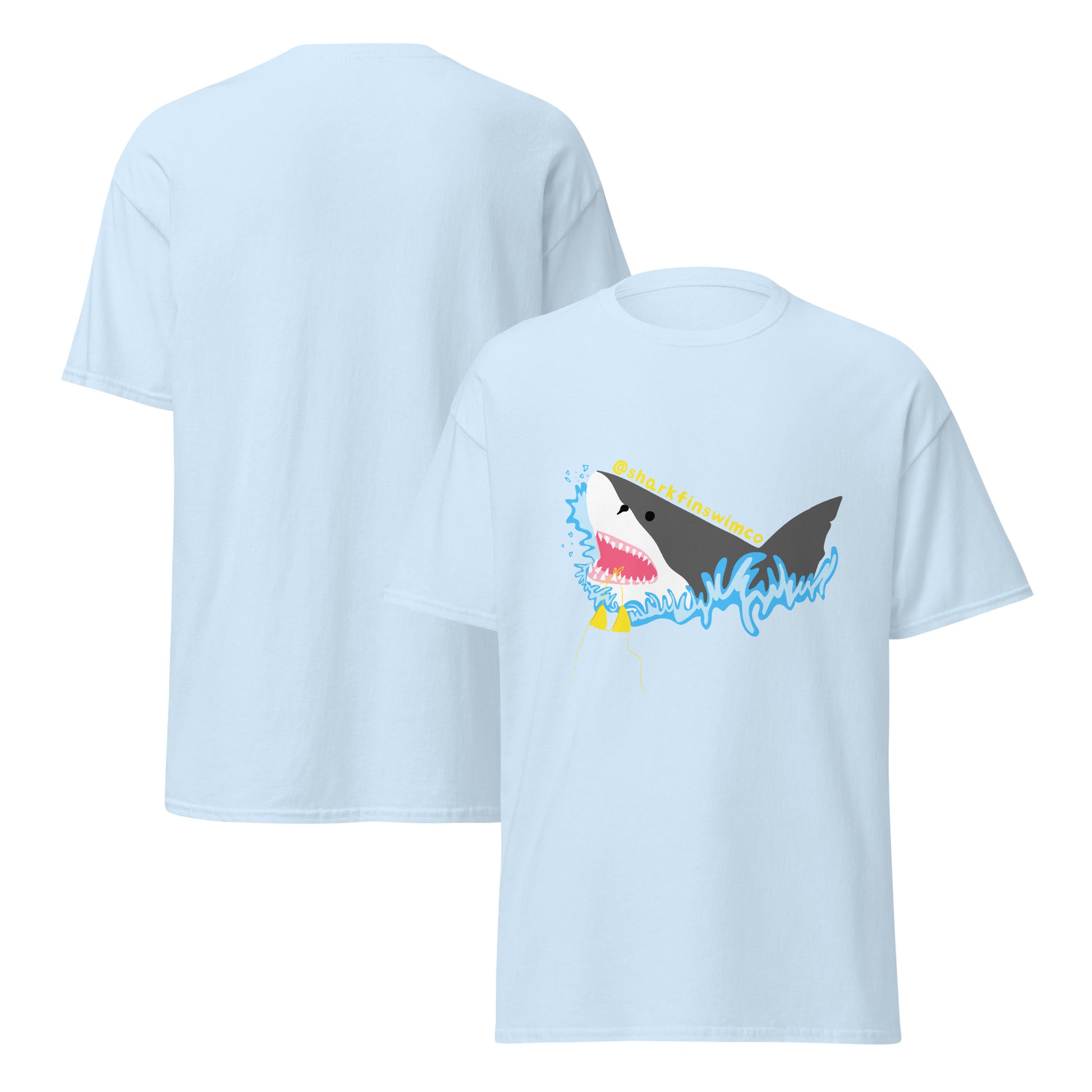 Eco-friendly t shirt with a great white shark and bikini coming out of the ocean 