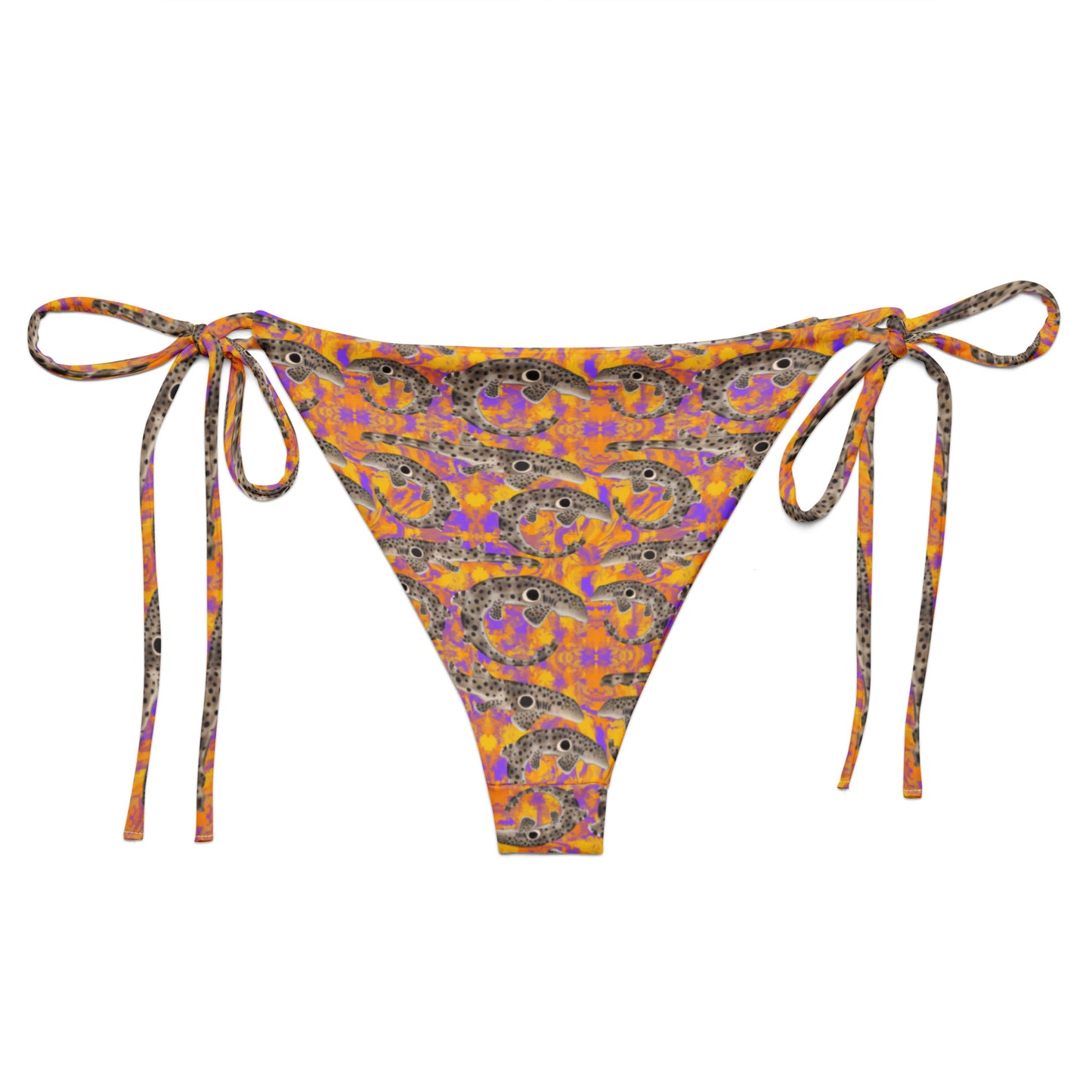 Epaulette Shark eco string bikini bottoms with orange and purple background