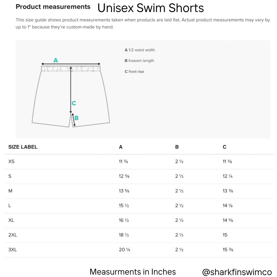 Product Measurement chart for unisex swim shorts with size labels and dimensions.