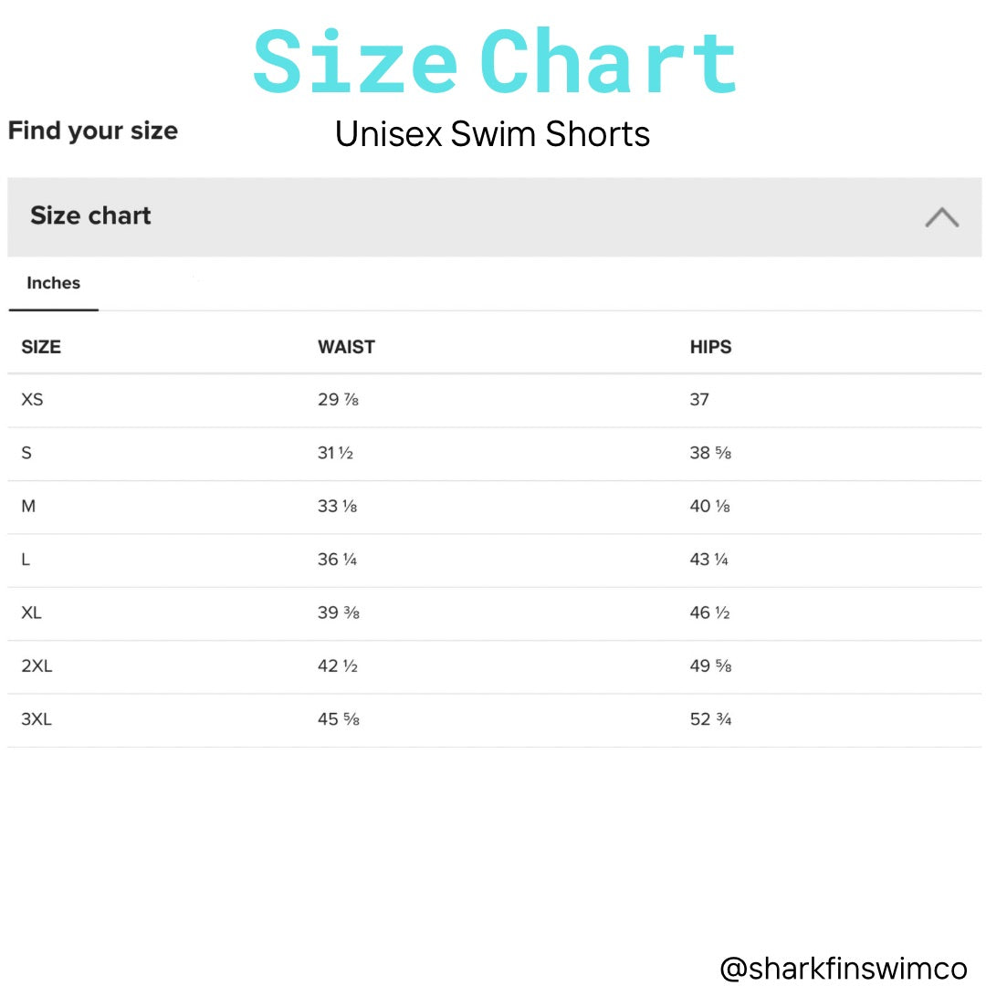Size chart for unisex swim shorts with measurements in inches.