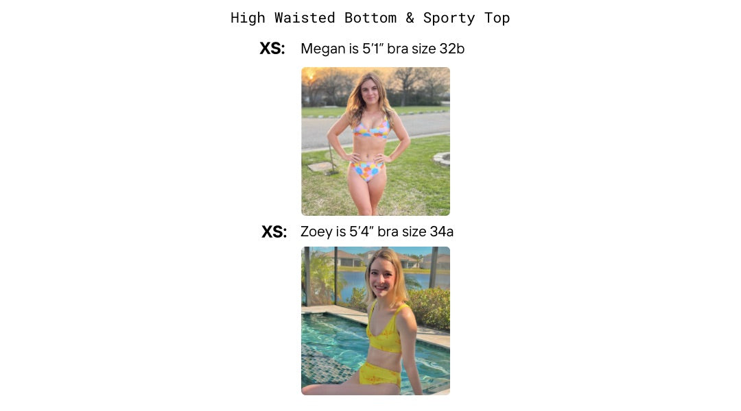 Visual size guide modeling the sporty bikini top and high waisted bottoms size xs