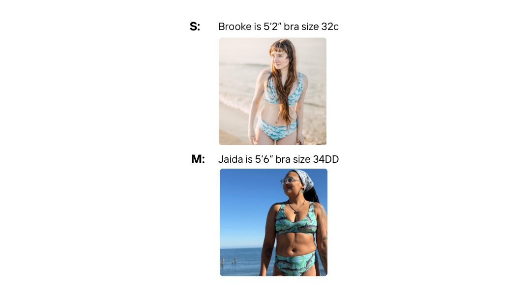 Visual size guide modeling the sporty bikini top and high waisted bottoms size s and m 